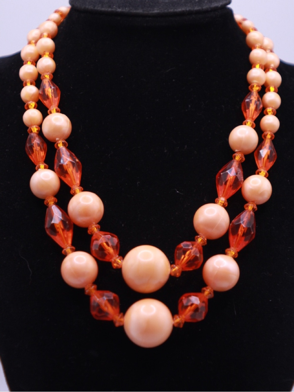 Vintage signed Germany Double Strand Acrylic Peach & Orange Bead Necklace